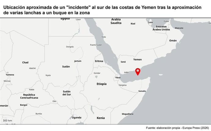 Archivo - Ubicación aproximada de un "incidente" al sur de las costas de Yemen tras la aproximación de varias lanchas a un buque en la zona