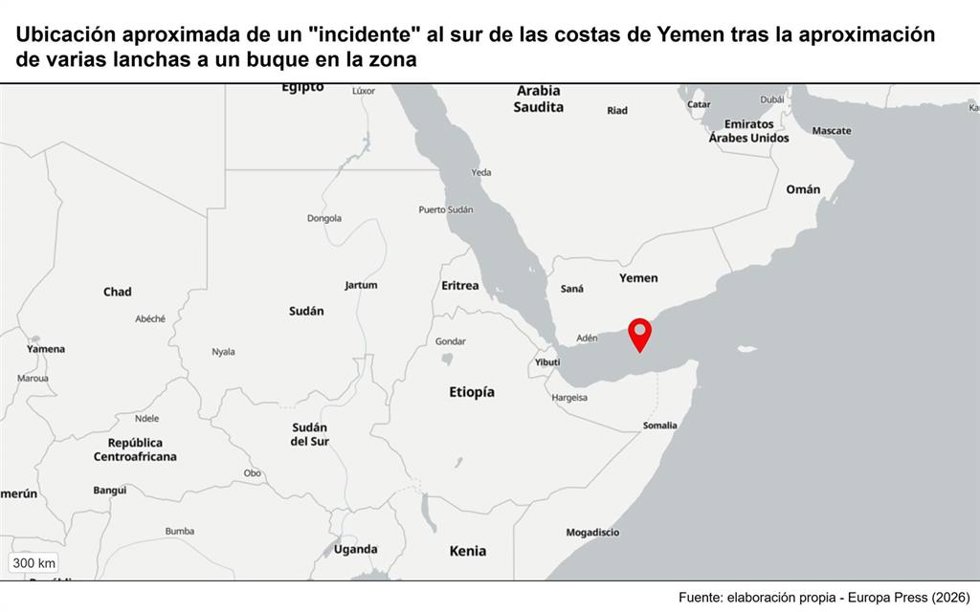 Archivo - Ubicación aproximada de un "incidente" al sur de las costas de Yemen tras la aproximación de varias lanchas a un buque en la zona