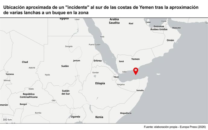 Archivo - Arquivo - Localização aproximada de um “incidente” ao sul da costa do Iêmen, após a aproximação de várias lanchas a um navio na região