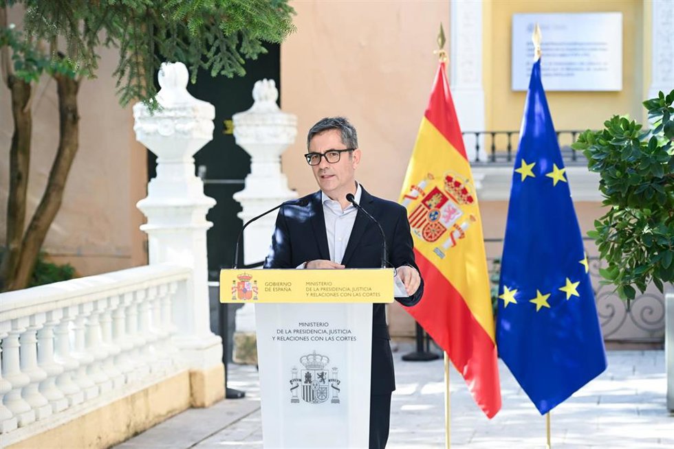 El ministro de la Presidencia, Justicia y Relaciones con las Cortes, Félix Bolaños, durante el balance del primer año de la entrada en funcionamiento de los Tribunales de Instancia, en el Palacio de Parcent, a 1 de julio de 2026, en Madrid (España). 