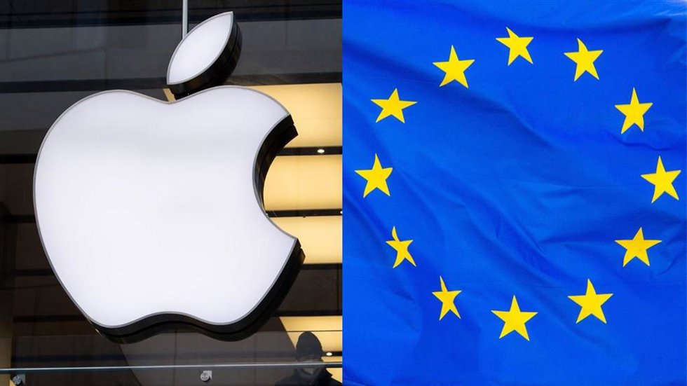 Archivo - El logo de Apple junto a la bandera de la Unión Europea.