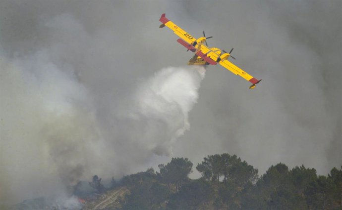 Labores de extinción de un incendio forestal, a 14 de junio de 2026, en Boborás, Ourense, Galicia (España). La Consellería de Medio Rural de la Xunta de Galicia ha informado de un incendio forestal activo que se inició a las 21.55 horas de ayer sábado y s