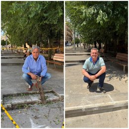 Montaje fotográfico con el concejal de Mantenimiento Urbano, Javier Padorno (d), en el lugar donde se había fotografiado Antonio Losa (I).