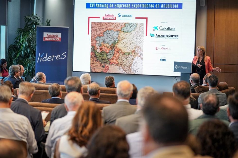 La consejera de Economía, Hacienda, Fondos Europeos y Diálogo Social, y portavoz de la Junta de Andalucía en funciones, Carolina España, durante su intervención en la presentación del XVI Ranking de Empresas Exportadoras de Andalucía.