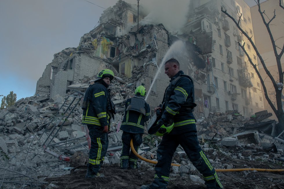 July 2, 2026, Kyiv (, Kyiv Oblast, Ukraine: Rescuers battle flames and search for survivors in the ruins of a partially collapsed nine-story residential building in Kyiv's  following a large-scale Russian overnight drone and missile attack, damaging 