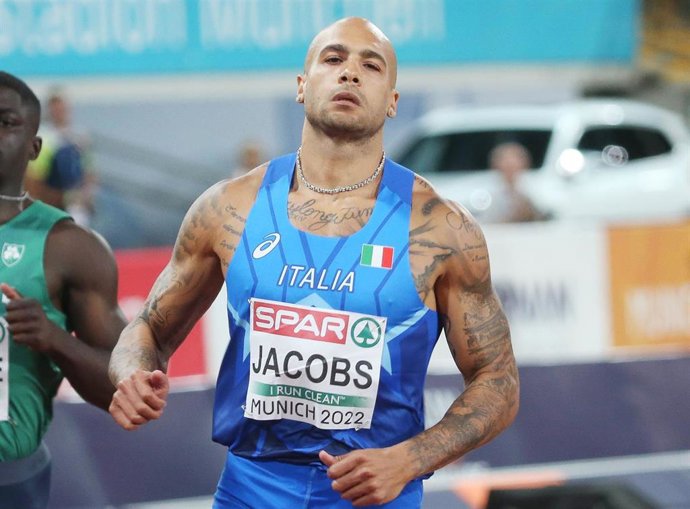 Archivo - El atleta italiano Marcell Jacobs en la prueba de 100 metros  en el Campeonato Europeo de Berlín en 2022. 