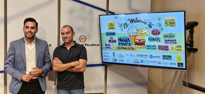 El diputado de Empleo, Desarrollo Económico y Reto Demográfico, y alcalde de Zaratán, Roberto Migallón, junto al organizador del festival, Ismael Gómez de Pablo, en la presentación del 'Milanito 2026'