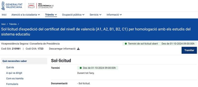 Web per a sol·licitar el certificat de valencià.