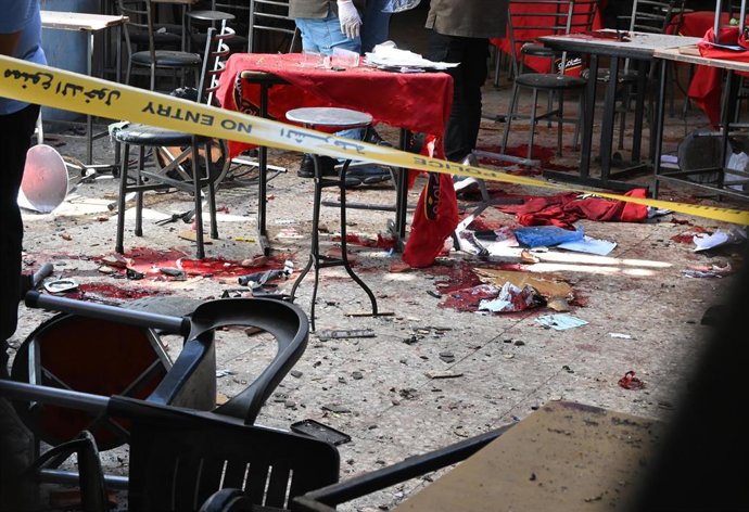 DAMASCUS, July 2, 2026  -- This photo taken on July 2, 2026 shows the scene after an explosion inside a cafe in central Damascus, Syria. Five people were killed and 16 others wounded on Thursday in an explosion inside a cafe in central Damascus, Syrian au