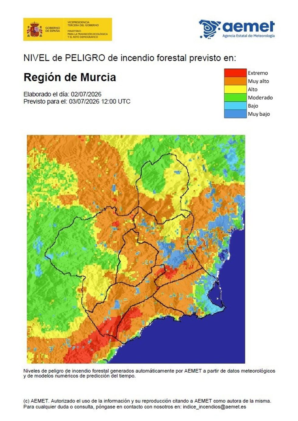 Mapa que indica los niveles de peligro de incendio forestal en la Región de Murcia
