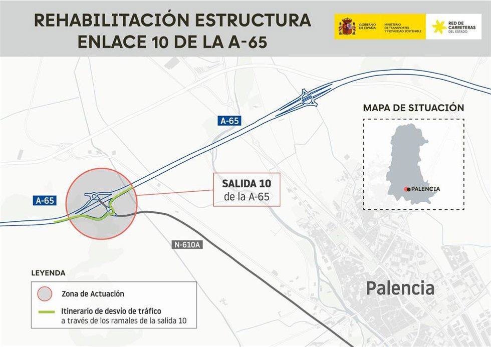Mapa de la rehabilitación de la estructura de la A-65 sobre la N-610A en Palencia.