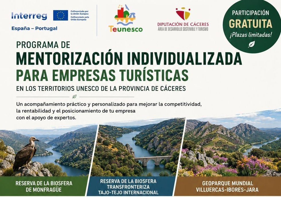 Cartel del programa de mentorización para empresas turísticas de los tres Territorios Unesco de la provincia de Cáceres