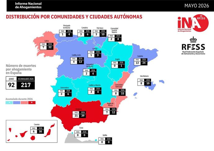 Mapa elaborado por la Real Federación Española de Salvamento y Socorrismo sobre el número de ahogamientos en junio