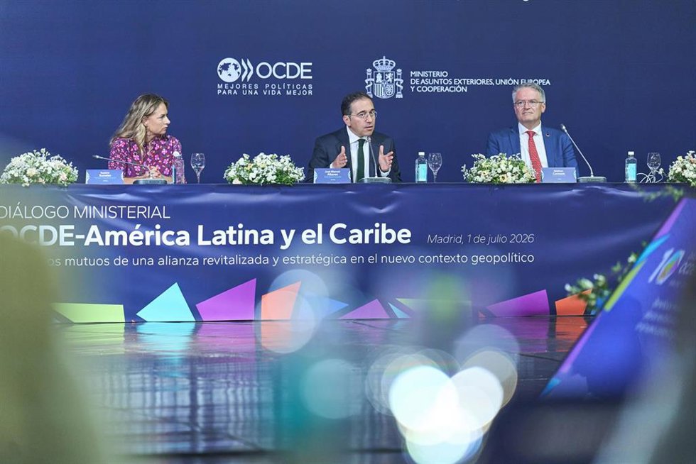 El ministro de Asuntos Exteriores, Unión Europea y Cooperación, José Manuel Albares en la Cumbre dialogo Interministerial OCDE- América Latina y el Caribe, a 1 de julio de 2026.
