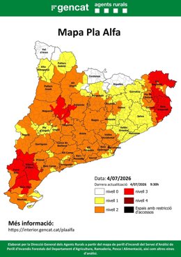 Mapa de alertas por riesgo de incendio en Catalunya este sábado