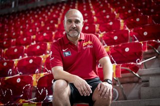 Chus Mateo, head coach of Spain, attends an interview for Europa Press ahead the 2027 Basket World Cup qualifier against Denmark at Caja Magica on July 01, 2026 in Madrid, Spain.