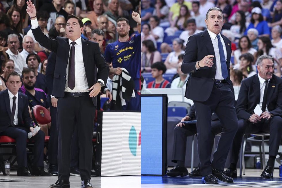 Xavi Pascual y Sergio Scariolo, durante dos partidos de la Liga Endesa.