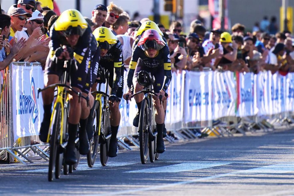 Danish Jonas Vingegaard of Team Visma-Lease a Bike (R) pictured in action during the first stage of the 2026 Tour de France cycling race, a team time trial of 19km with start and finish in Barcelona, Spain, Saturday 04 July 2026. The 113th edition of the 