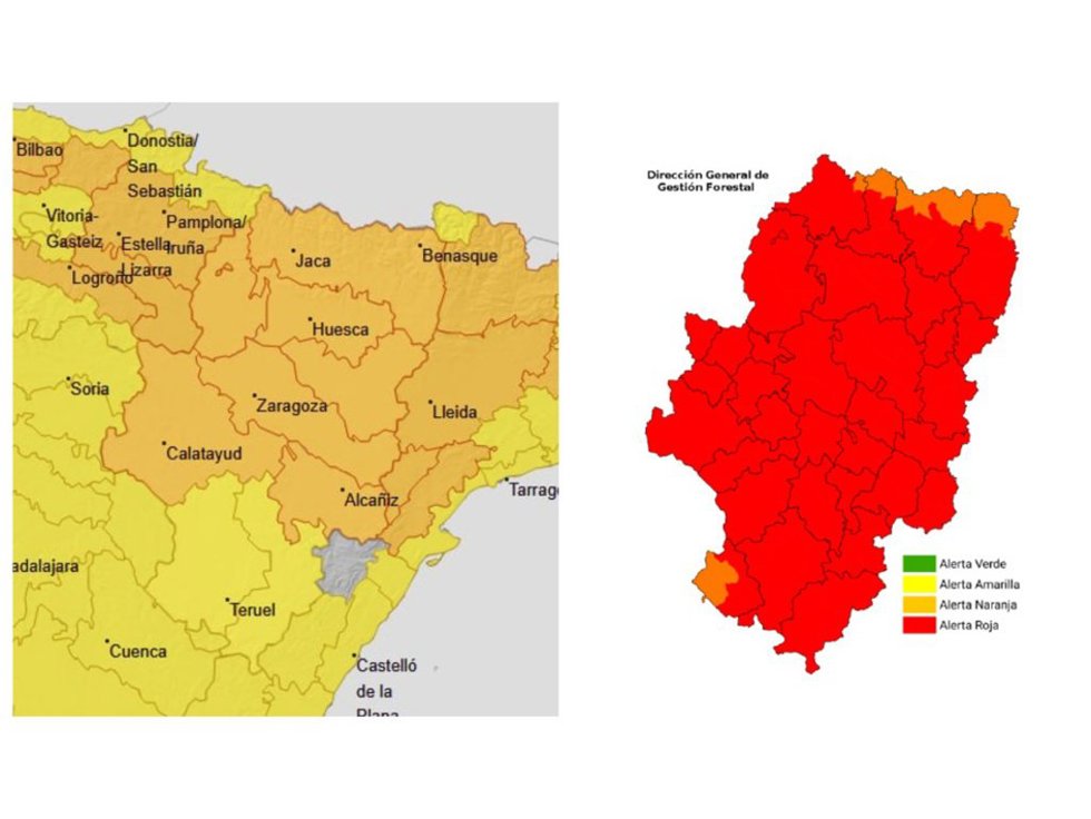 Aviso naranja por temperaturas máximas en gran parte de Aragón y alerta roja por incendios forestales en 24 zonas este lunes.