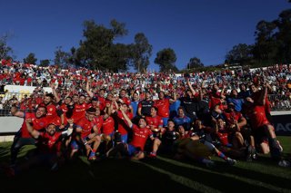 Rugby, Chile vs Samoa. Repechaje al Mundial de Rugby 2027. Los jugadores de Chile celebran durante el partido de repechaje al Mundial de Rugby 2027 contra Samoa realizado en el estadio Sausalito de Vina del Mar, Chile. 27/09/2025 Raul