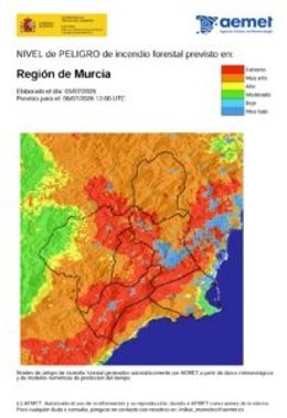 La Agencia Estatal de Meteorología informa sobre el nivel de peligro de incendio forestal para este lunes, 6 de julio de 2026, en la Región de Murcia.