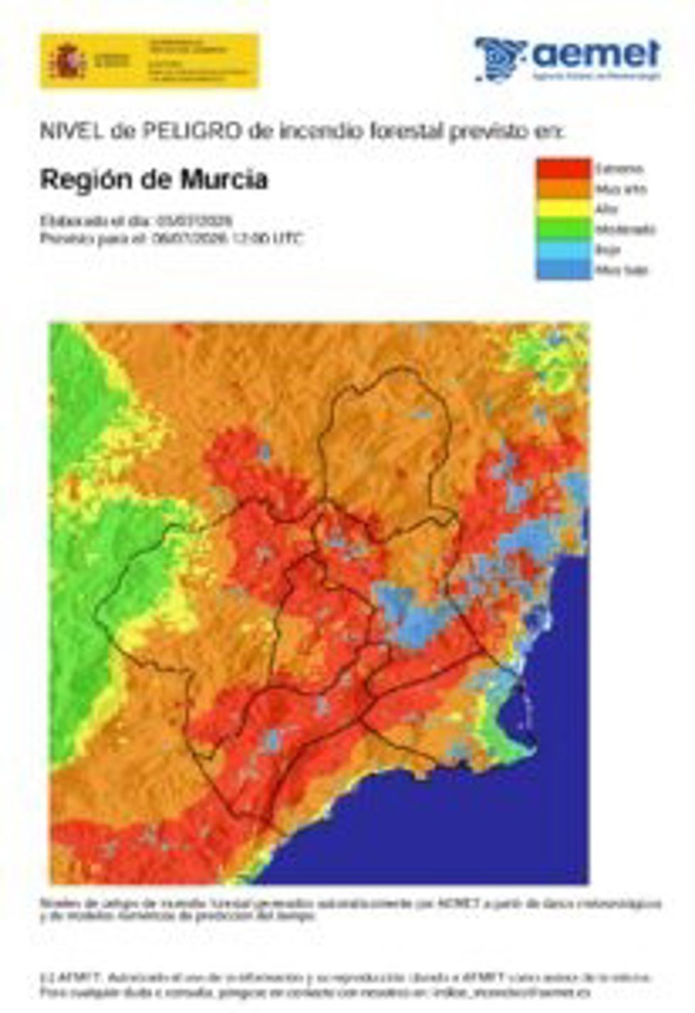 La Agencia Estatal de Meteorología informa sobre el nivel de peligro de incendio forestal para este lunes, 6 de julio de 2026, en la Región de Murcia.