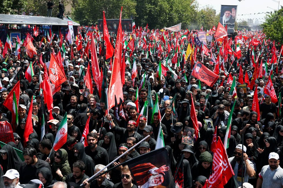 IRAN, TEHRAN - JULY 6, 2026: Mourners follow a funeral procession for Supreme Leader Ayatollah Ali Khamenei (1939-2026) through the city's centre.