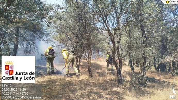 Trabajos de extinción en el incendio declarado en Casavieja (Ávila).