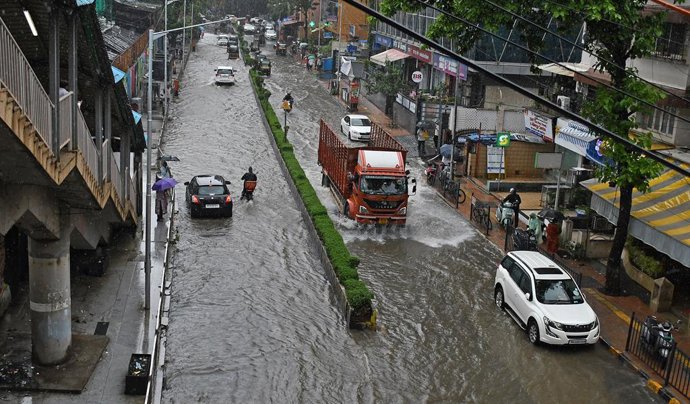 July 4, 2026, Mumbai, Maharashtra, India: A general view of the street flooded with water after a heavy rain in Mumbai. Heavy rains battered the city since last few days flooding the streets with water causing difficulties to the citizens.  Indian Meteoro