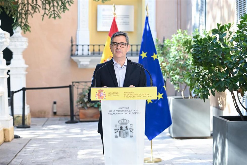 El ministro de la Presidencia, Justicia y Relaciones con las Cortes, Félix Bolaños, durante el balance del primer año de la entrada en funcionamiento de los Tribunales de Instancia, en el Palacio de Parcent, a 1 de julio de 2026, en Madrid (España).