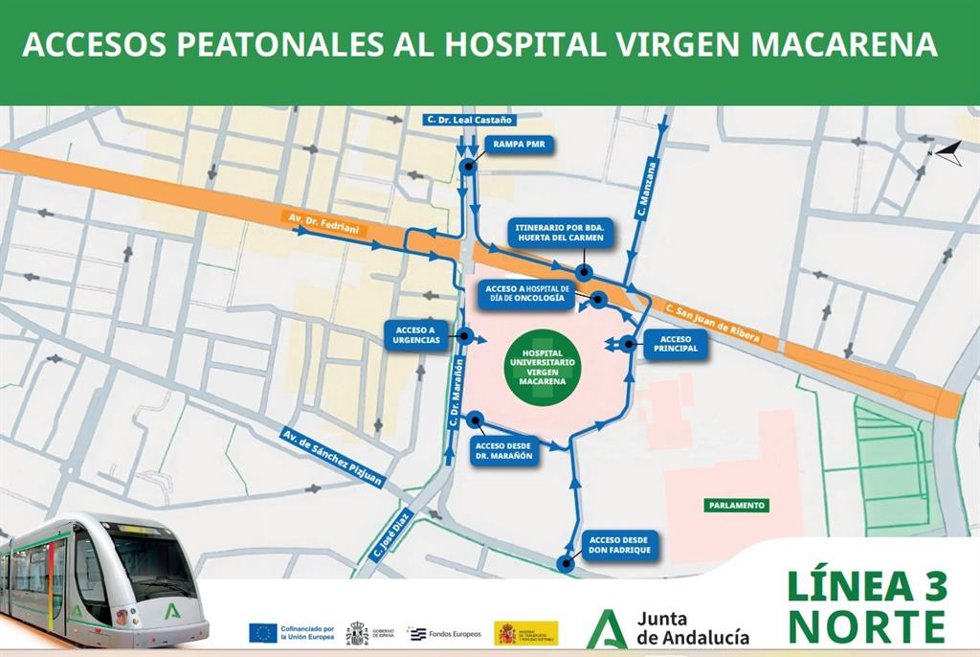 Cambios en los accesos peatonales al Hospital Macarena por el avance de la obra de la Línea 3 Norte