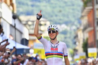 17 June 2026, Italy, Sondrio: Slovenian cyclist Tadej Pogacar of the UAE Team Emirates XRG celebrates crossing the finishline to win the first stage of the Tour de Suisse road cycling race, 144 km from Sondrio to Sondrio. Photo: Davide Vaninetti/IPA via Z