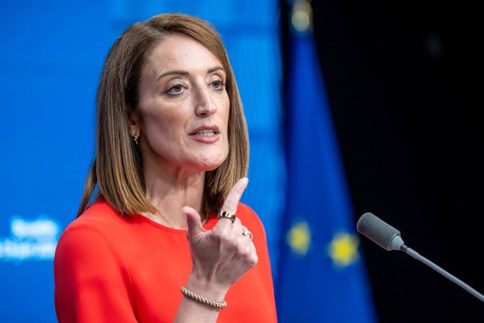 La presidenta del Parlamento Europeo, Roberta Metsola, en una comparecencia ante la prensa el pasado mes de junio.