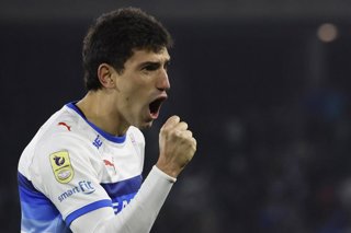 Futbol, Universidad Catolica vs Everton. Fecha 2, Copa Chile 2026. El jugador de Universidad Catolica Justo Giani celebra tras marcar un gol contra Everton durante el partido de la Copa Chile disputado en el Claro Arena de Santiago,