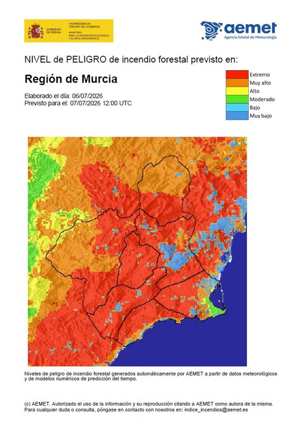 Nivel de peligro de incendio forestal previsto para este martes, 7 de julio, en la Región de Murcia