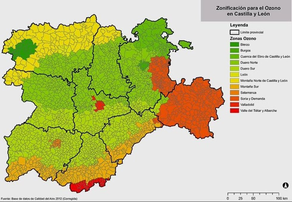 Mapa difundido por la Junta sobre la posible superación de los umbrales de información a la población de ozono troposférico en la zona atmosférica Cuenda del Ebro.