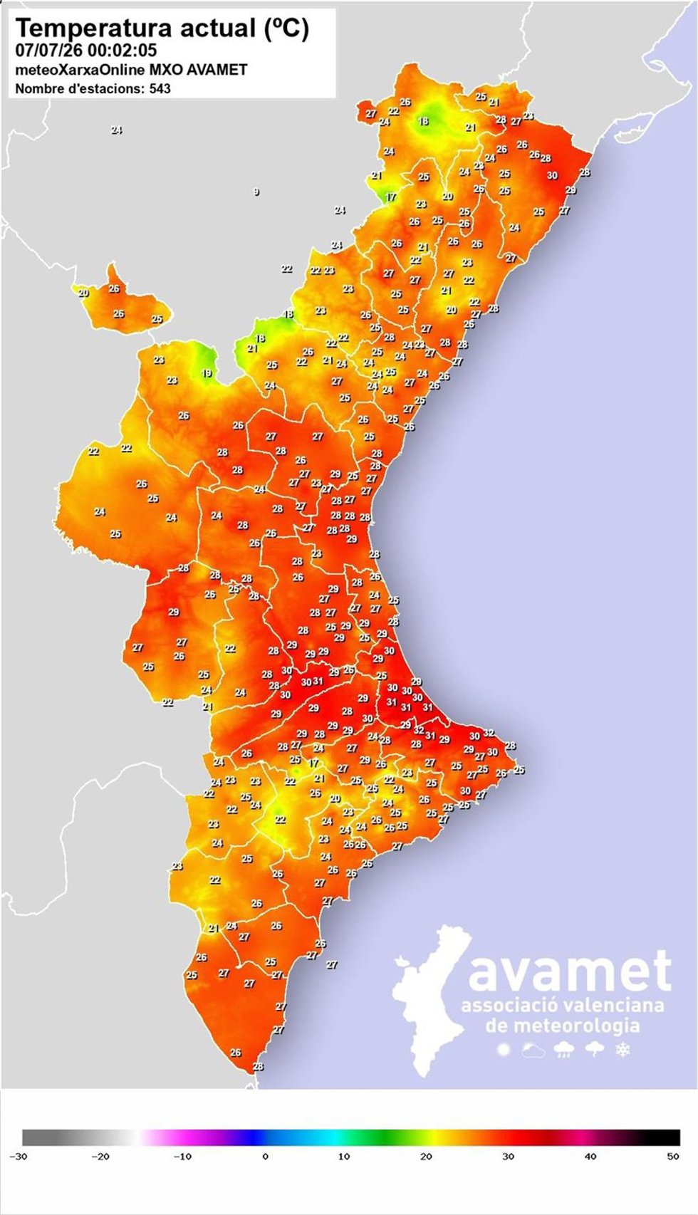 Temperaturas a las 00.00 horas en la Comunitat Valenciana