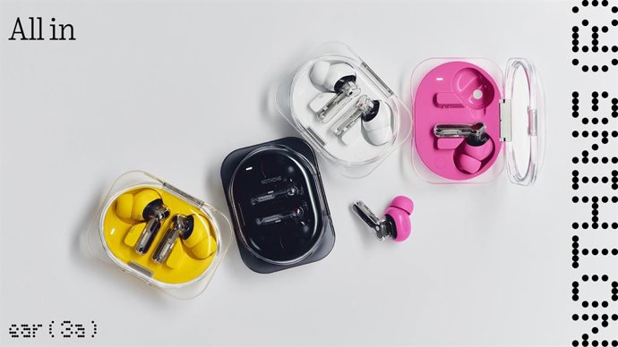 Os fones de ouvido sem fio Nothing Ear (3a) nas cores amarelo, preto, branco e rosa
