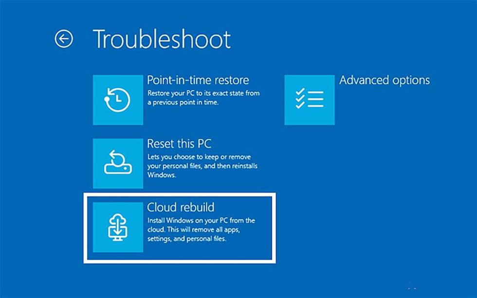 Captura de pantalla con la nueva opción 'Cloud rebuild' de Windows 11