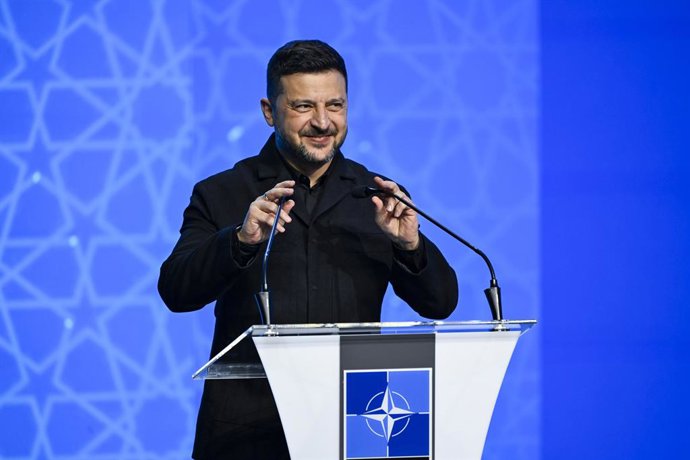 7 de julho de 2026, Turquia, Ancara: O presidente ucraniano Volodymyr Zelensky discursa no Fórum da Indústria de Defesa durante a 36ª Cúpula de Chefes de Estado e de Governo da OTAN, em Ancara. Foto: Emmi Korhonen/Lehtikuva/dpa