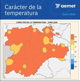 Mapa difundido por la Aemet sobre el carácter de la temperatura en CyL en el mes de junio