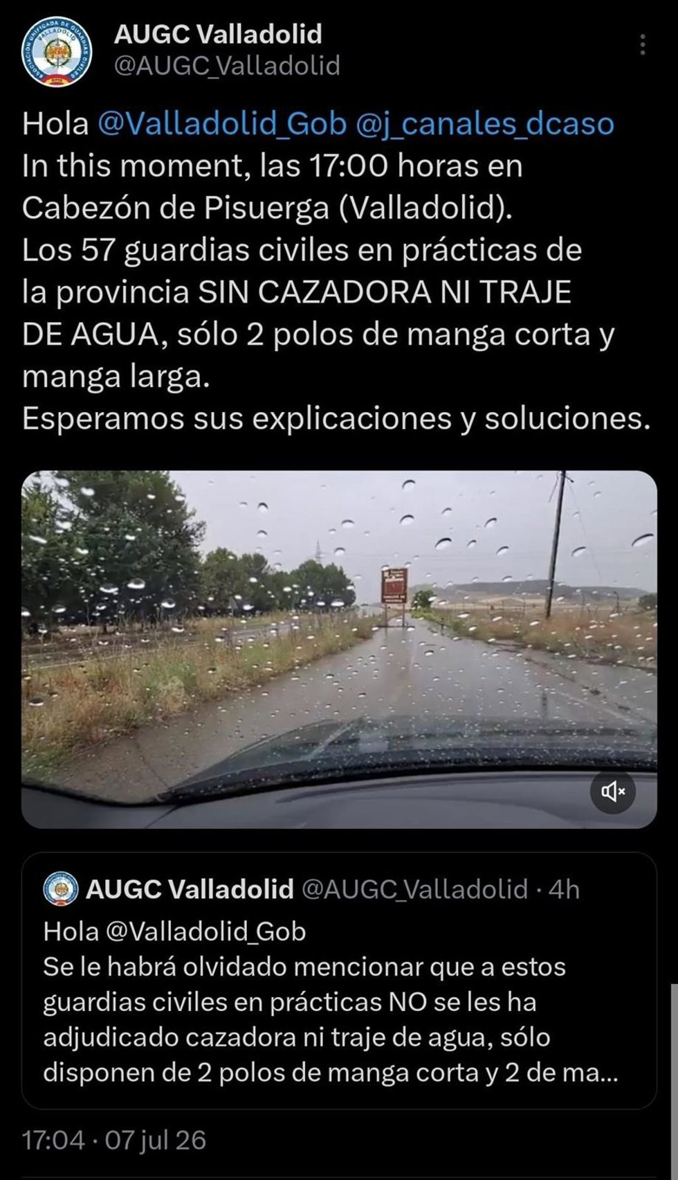 AUGC Valladolid denuncia que los guardias civiles en prácticas no cuentan ni con cazadora ni traje de agua.