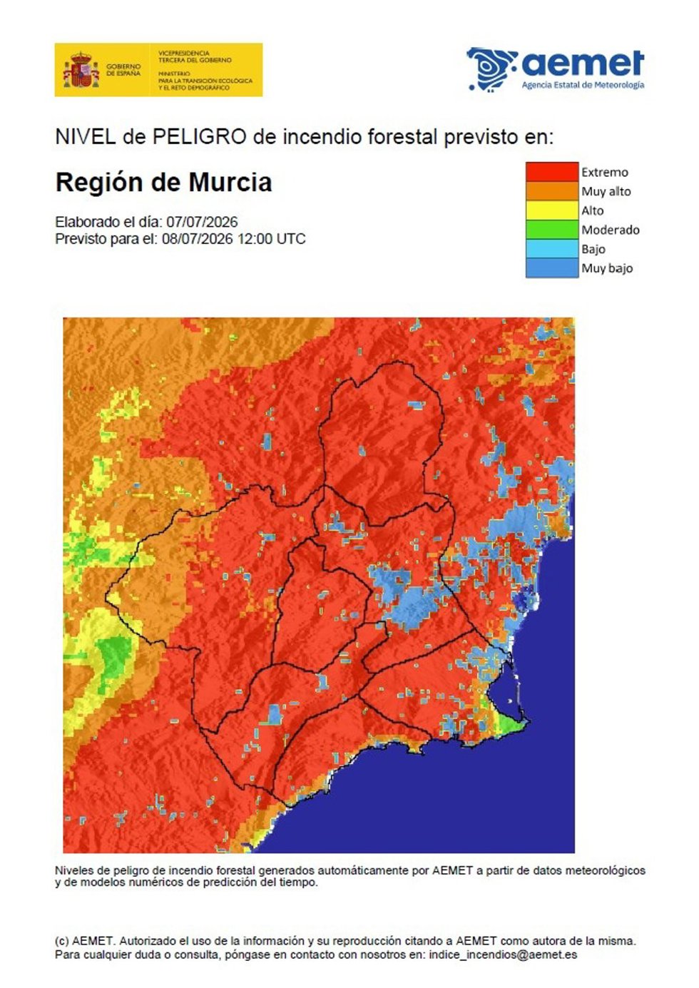 Nivel de peligro de incendio forestal previsto para este miércoles, 8 de julio, en la Región de Murcia
