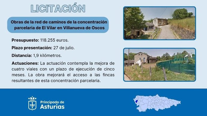 Medio Rural licita por 118.000 euros las obras de la red de caminos de la concentración parcelaria de El Vilar, en Villanueva de Oscos
