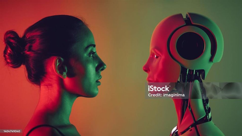 Robot and young woman face to face.