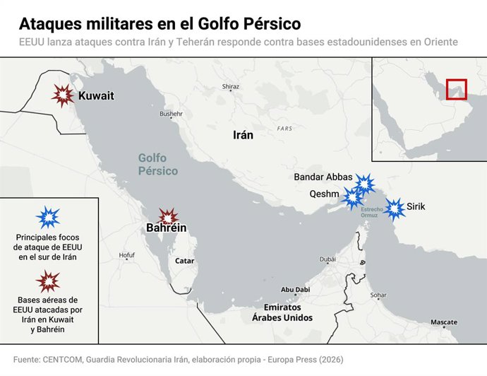 Mapa con los últimos ataques militares en el Golfo Pérsico. El Mando Central del Ejército de Estados Unidos (CENTCOM) ha anunciado este martes el lanzamiento de "fuertes" ataques contra Irán en respuesta a las "agresiones" iraníes contra buques en el estr