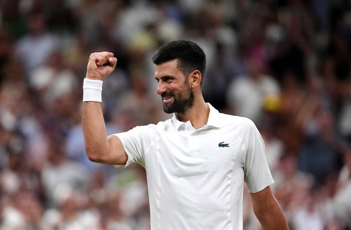 07 July 2026, United Kingdom, London: Serbian tennis player Novak Djokovic celebrates after winning his men's singles quarter-final match against Canada's Felix Auger-Aliassime on Day Nine of the 2026 Wimbledon Championships at the All England Lawn Tennis