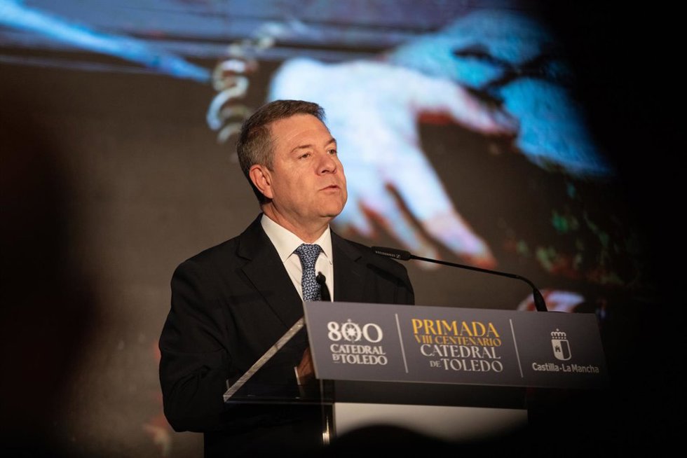 Archivo - El presidente de Castilla-La Mancha, Emiliano García-Page, interviene durante la inauguración de la exposición cultural 'Primada', a 25 de mayo de 2026, en Toledo, Castilla-La Mancha (España).