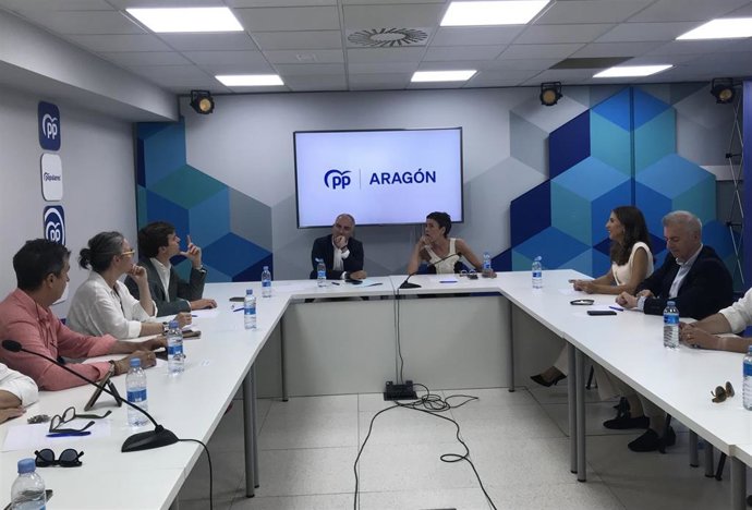 El vicesecretario de Política Autonómica, Municipal y Análisis Electoral del Partido Popular (PP), Elías Bendodo, en una reunión en la sede del PP Zaragoza