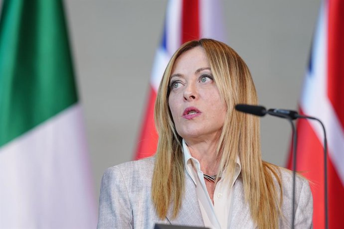 24 June 2026, Berlin: Giorgia Meloni, Prime Minister of Italy, is holding a press conference at the Federal Chancellery during the E5 summit of leading European nations ahead of the upcoming NATO summit. Photo: Kay Nietfeld/dpa